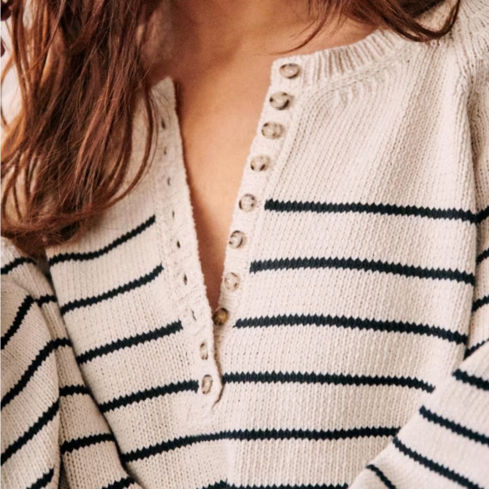 Sezane Leontine Cotton Ecru Navy Striped Button-Detail Henley Style Sweater L